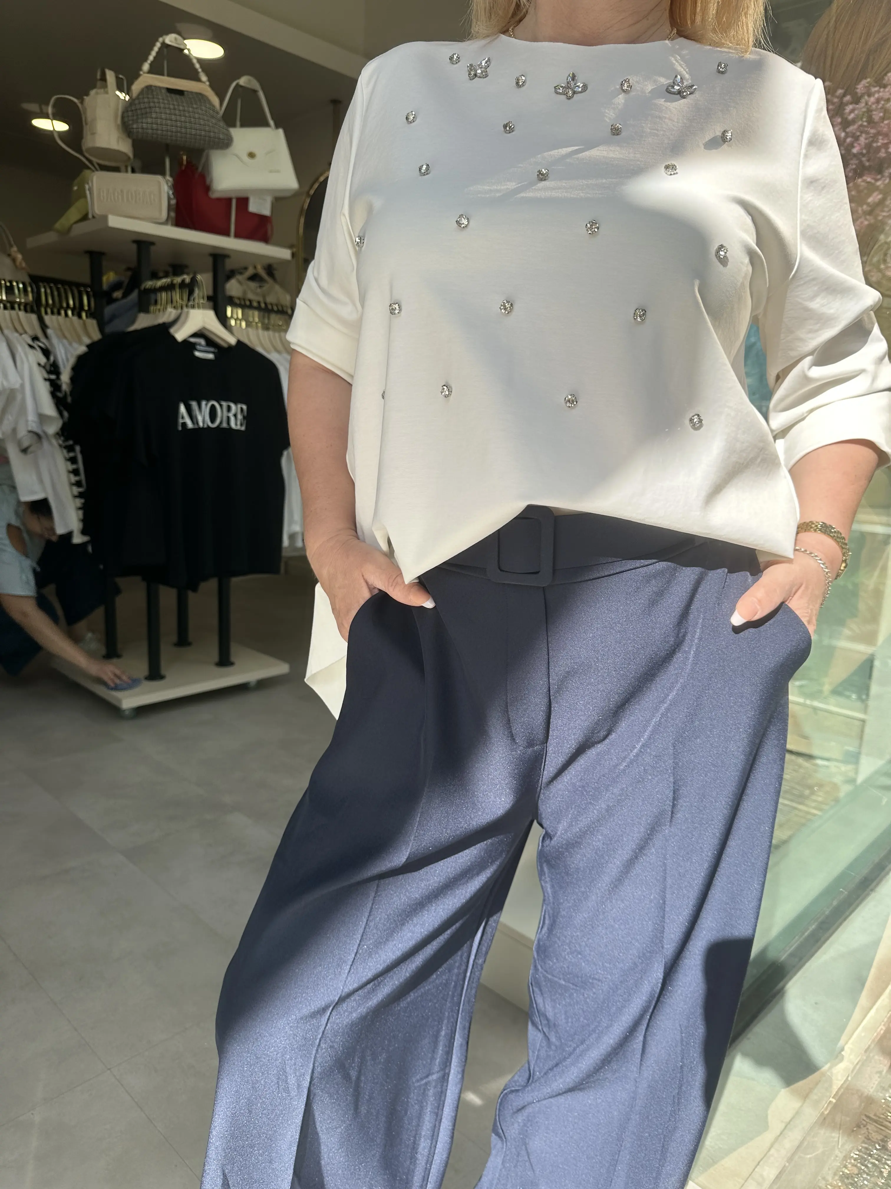 Navy μπλε παντελόνα ριχτή με ορθογώνια ζώνη και λάστιχο στην μέση