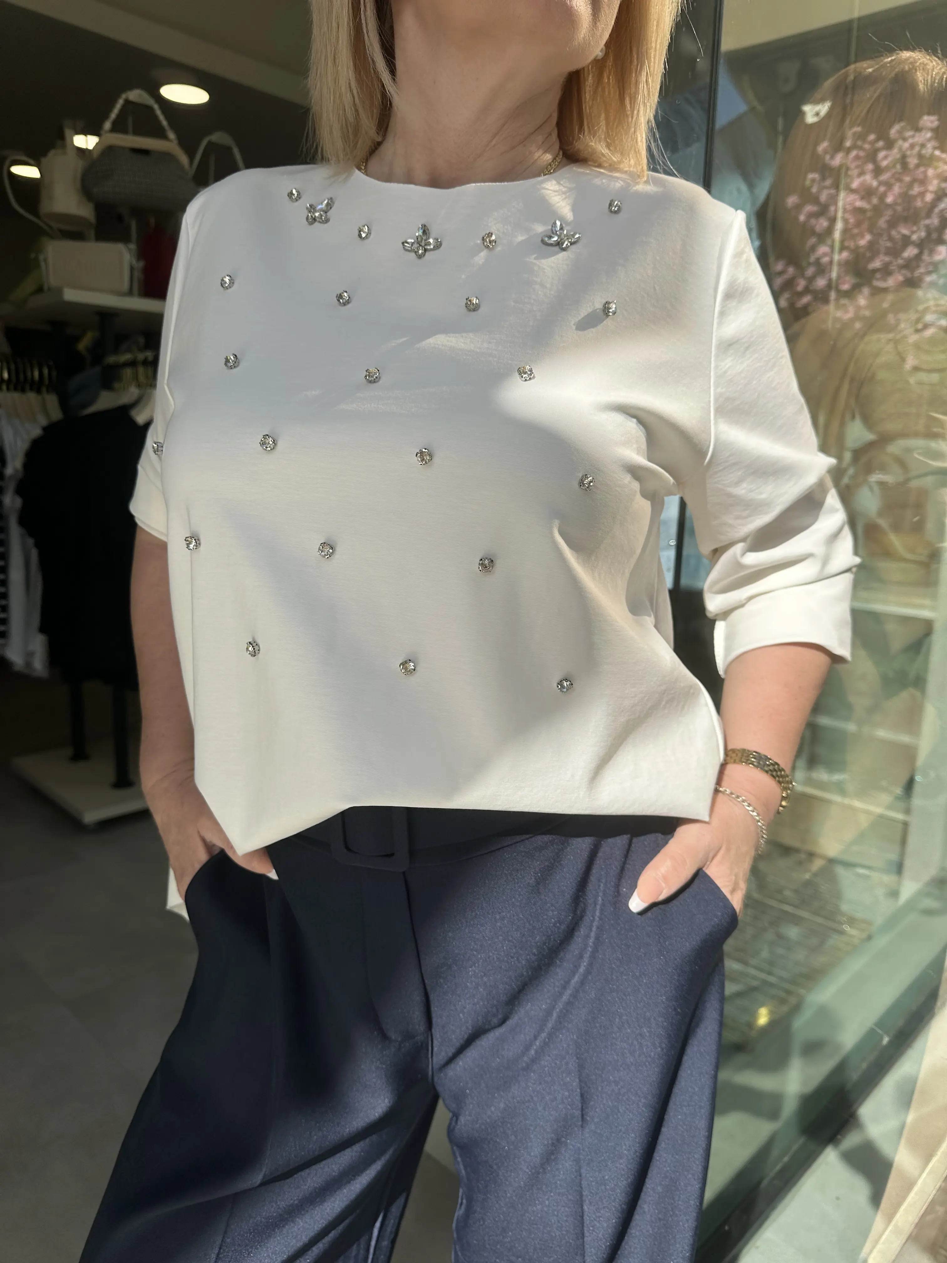 Navy μπλε παντελόνα ριχτή με ορθογώνια ζώνη και λάστιχο στην μέση