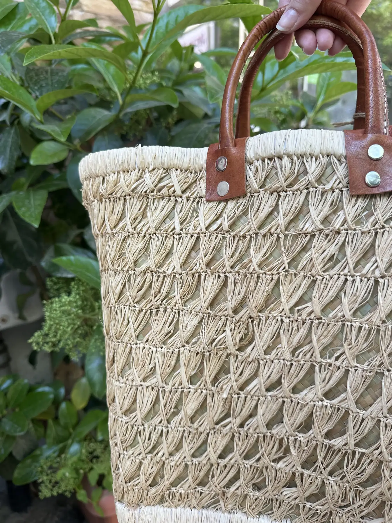 Χειροποίητη Ψάθινη Τσάντα με Δερμάτινα Χερούλια