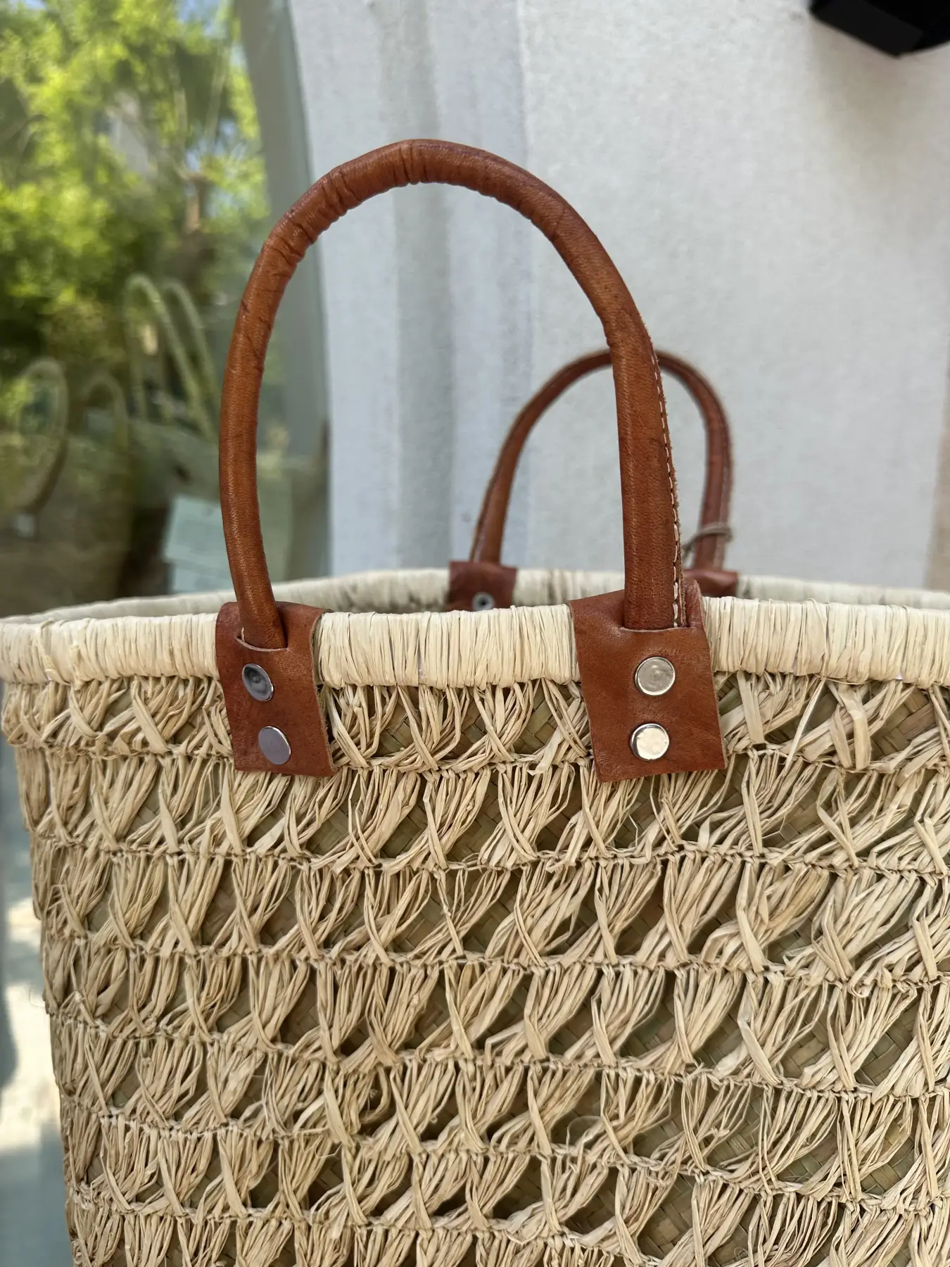 Χειροποίητη Ψάθινη Τσάντα με Δερμάτινα Χερούλια