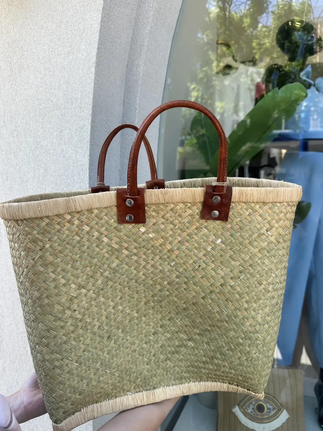 Χειροποίητη ψάθινη τετράγωνη τσάντα με δερμάτινα χερούλια