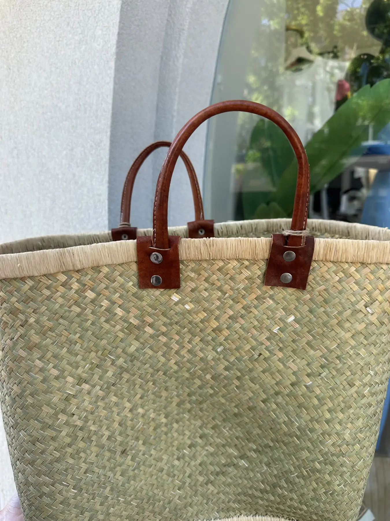 Χειροποίητη ψάθινη τετράγωνη τσάντα με δερμάτινα χερούλια