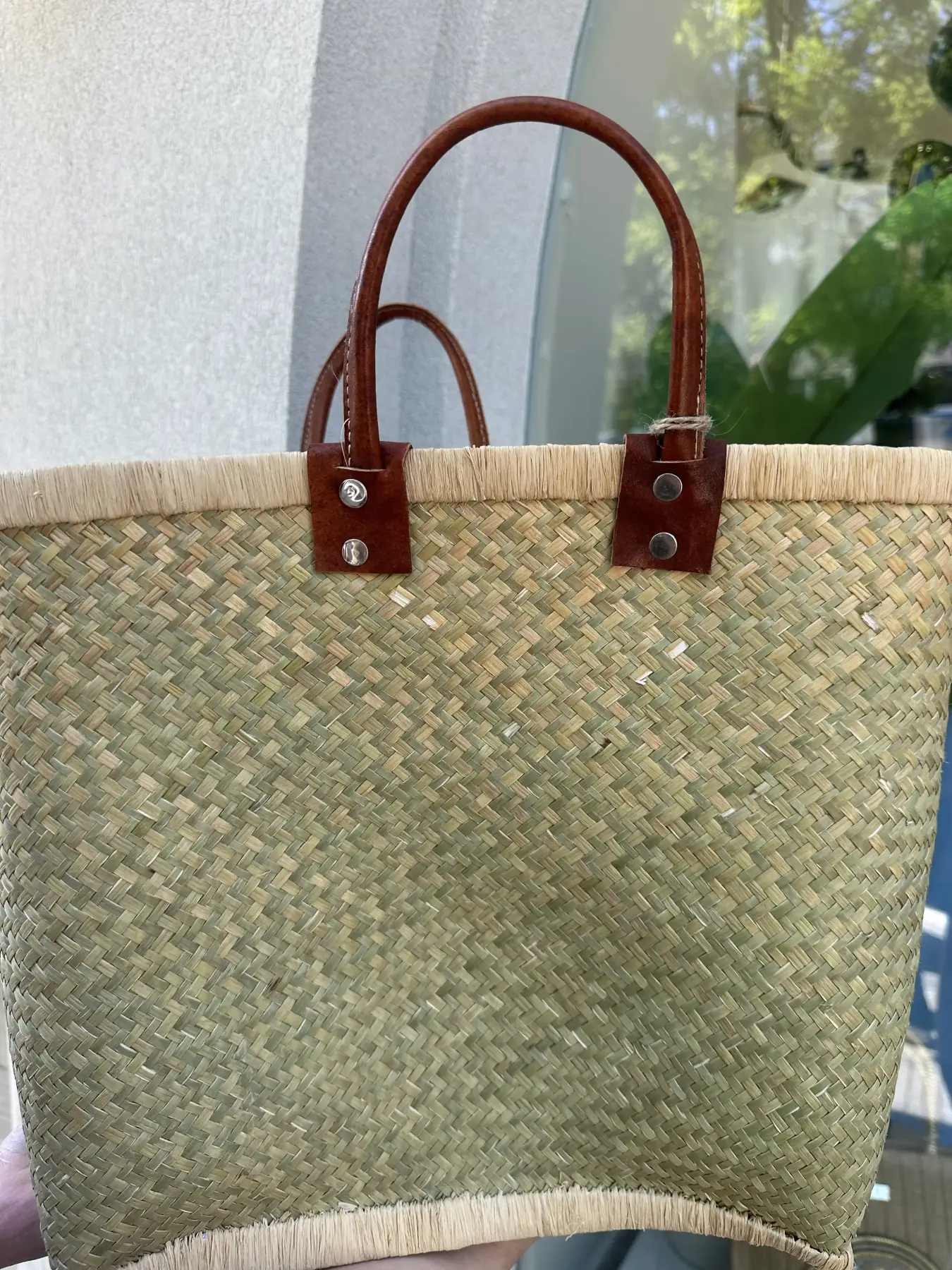 Χειροποίητη ψάθινη τετράγωνη τσάντα με δερμάτινα χερούλια