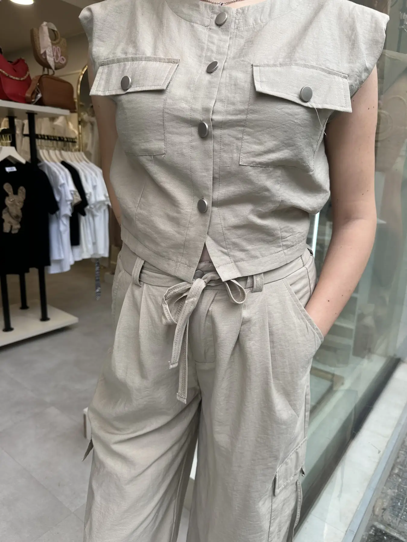 Λαδί Σετ Τύπου Σαφάρι με Πουκαμισάκι και Παντελόνα