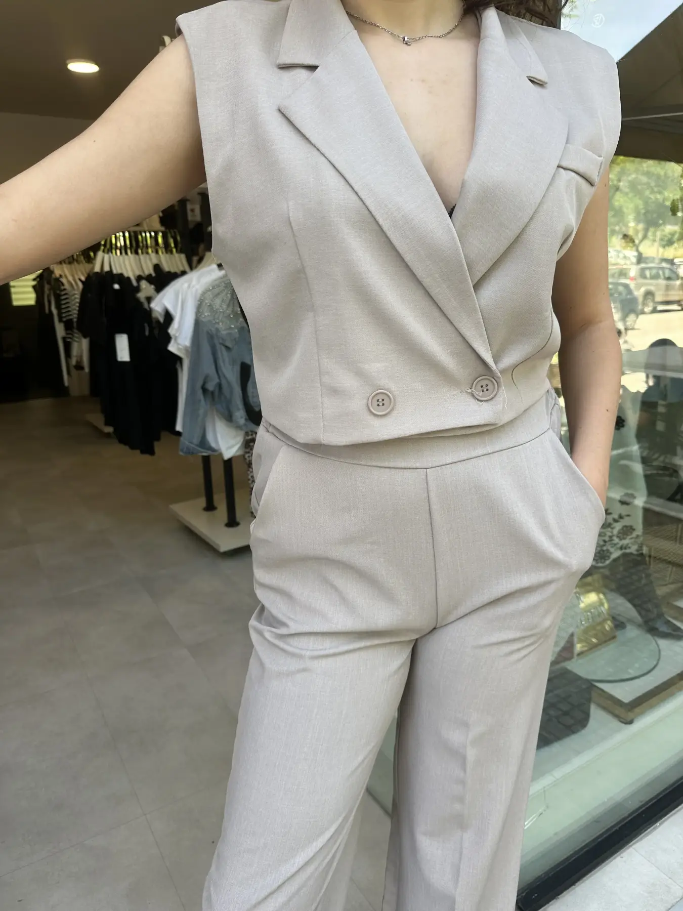 Σετ Κοντό Γιλέκο και Παντελόνι σε Χρώμα Elephant