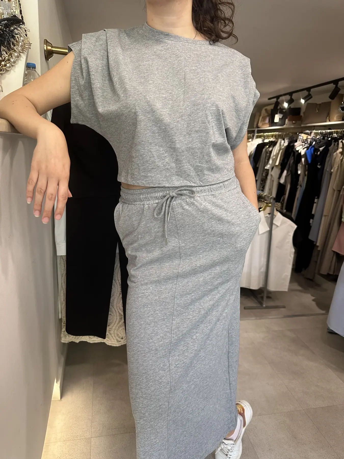 Γκρι Καθημερινό Σετ με Φούστα