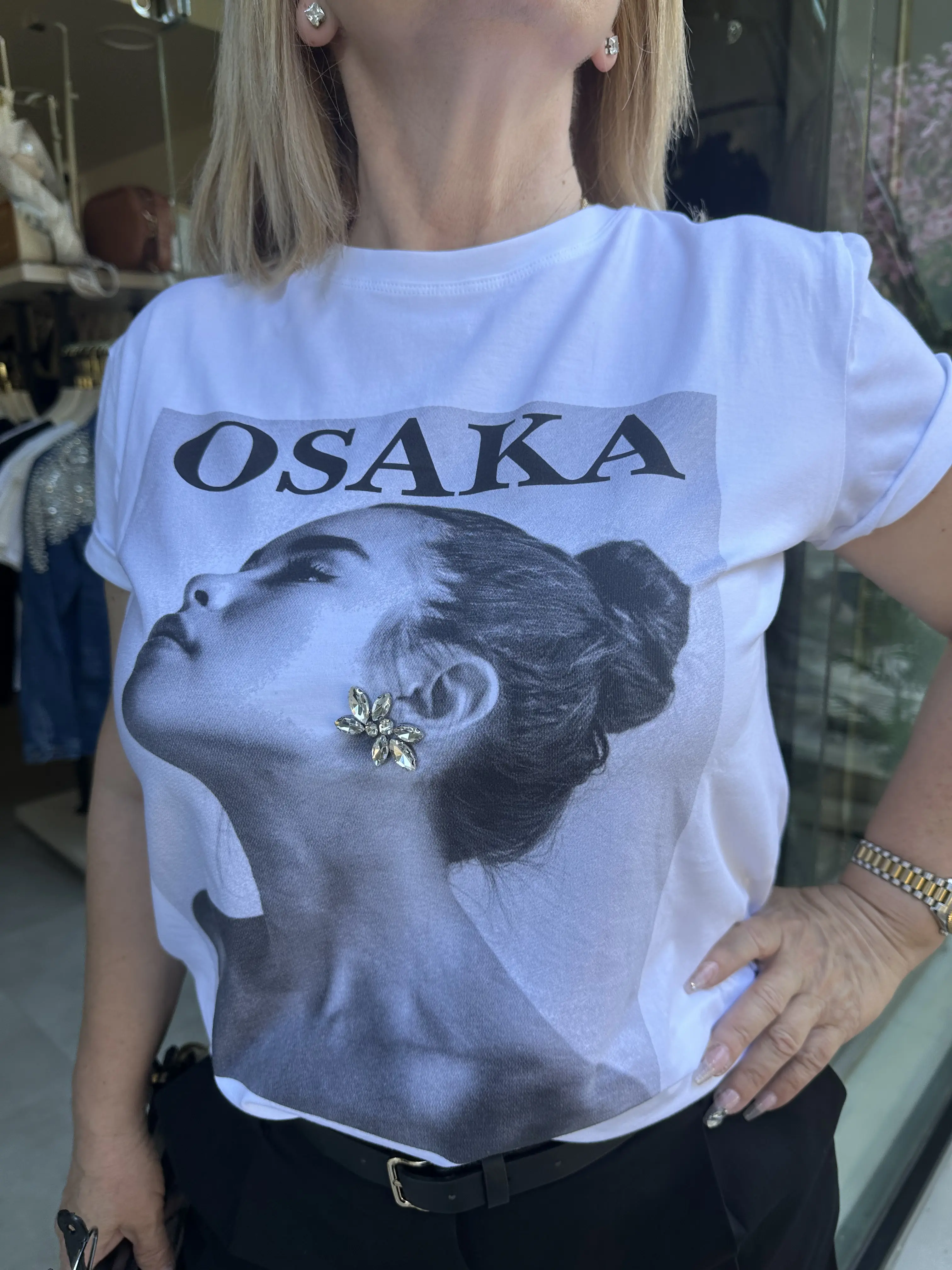 Λευκό T-Shirt με σχέδιο Κοπέλα με Στρας