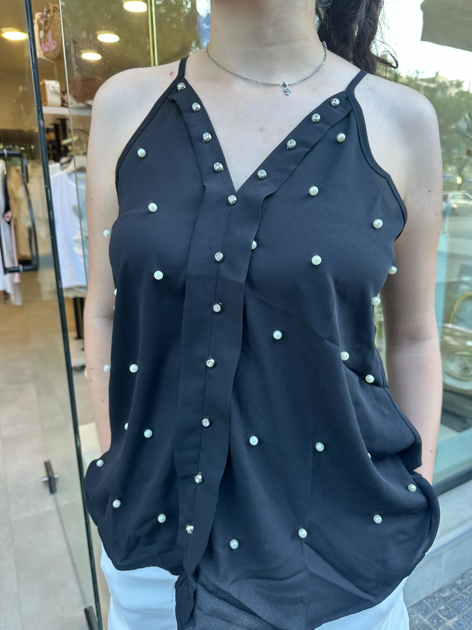 Μαύρο Μπλουζάκι με Πέρλες