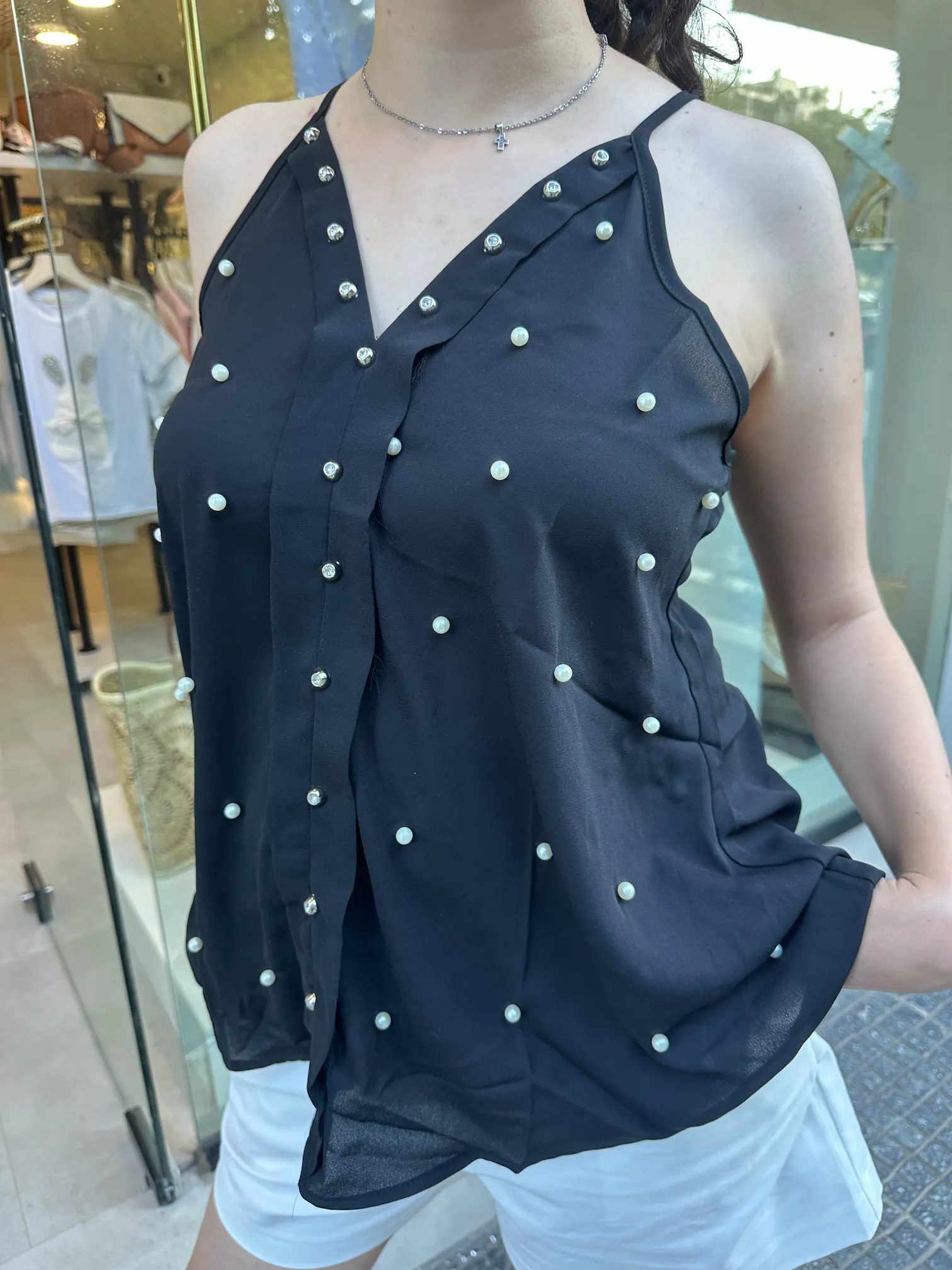 Μαύρο Μπλουζάκι με Πέρλες