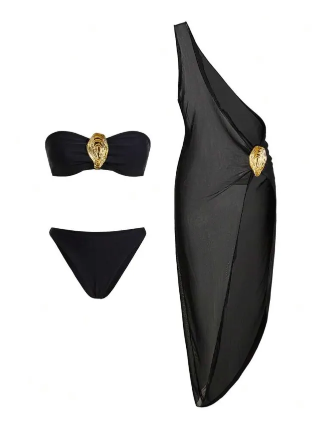 Μαύρο μπικίνι μαγιό με στράπλες τοπ χρυσή λεπτομέρεια και φόρεμα