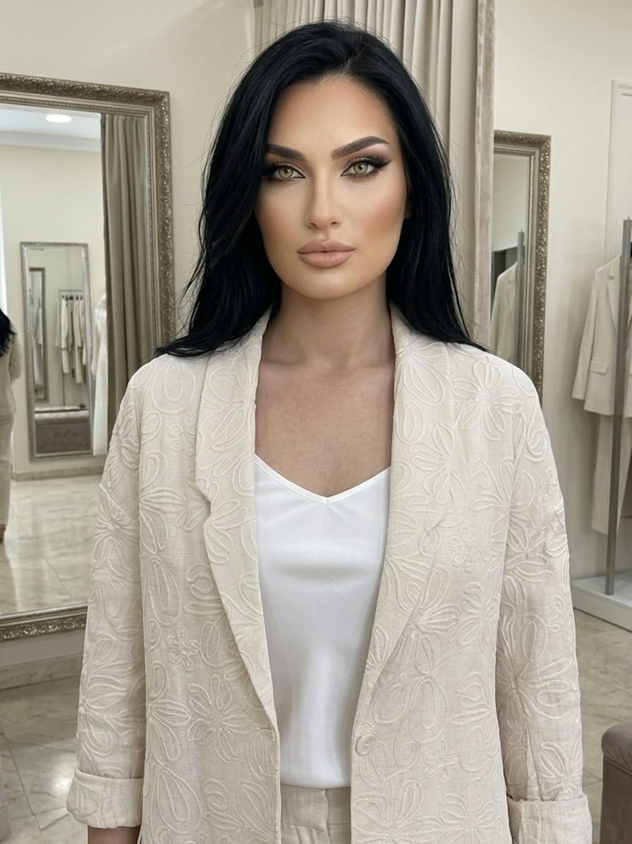 Beige oversized σακάκι με εφέ λουλούδια