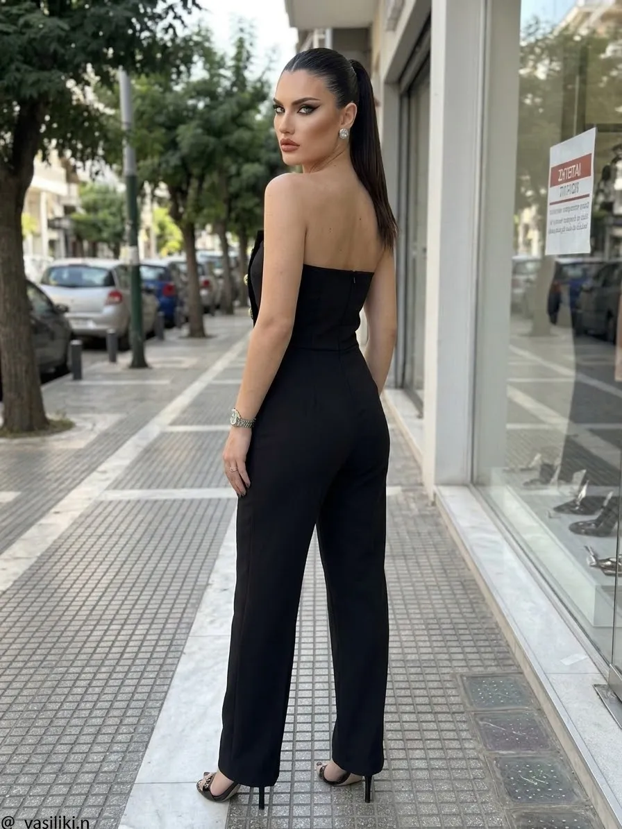 Μαύρη στράπλες ολόσωμη φόρμα με λεπτομέρεια χρυσά κουμπιά