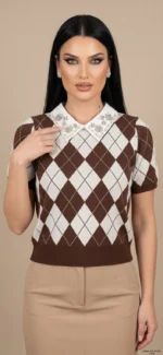 Preppy Argyle Πλεκτό Μπλουζάκι με Διακοσμημένο Γιακά