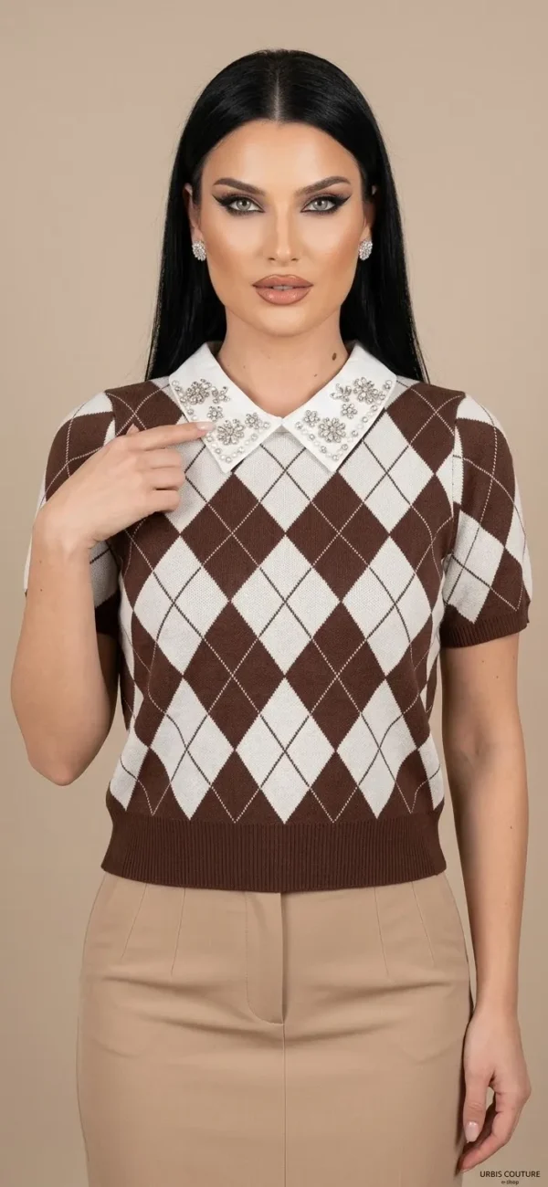 Preppy Argyle Πλεκτό Μπλουζάκι με Διακοσμημένο Γιακά
