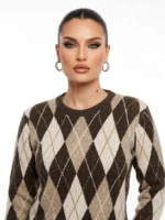 Πλεκτό Argyle Πουλόβερ με Χρυσοκλωστή (Lurex) σε Γήινους Τόνους