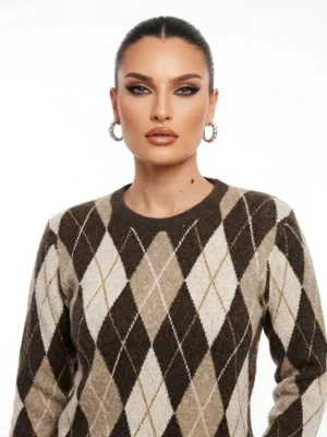 Πλεκτό Argyle Πουλόβερ με Χρυσοκλωστή (Lurex) σε Γήινους Τόνους