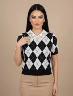 Preppy Argyle Πλεκτό Μπλουζάκι με Διακοσμημένο Γιακά