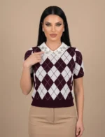 Preppy Argyle Πλεκτό Μπλουζάκι με Διακοσμημένο Γιακά