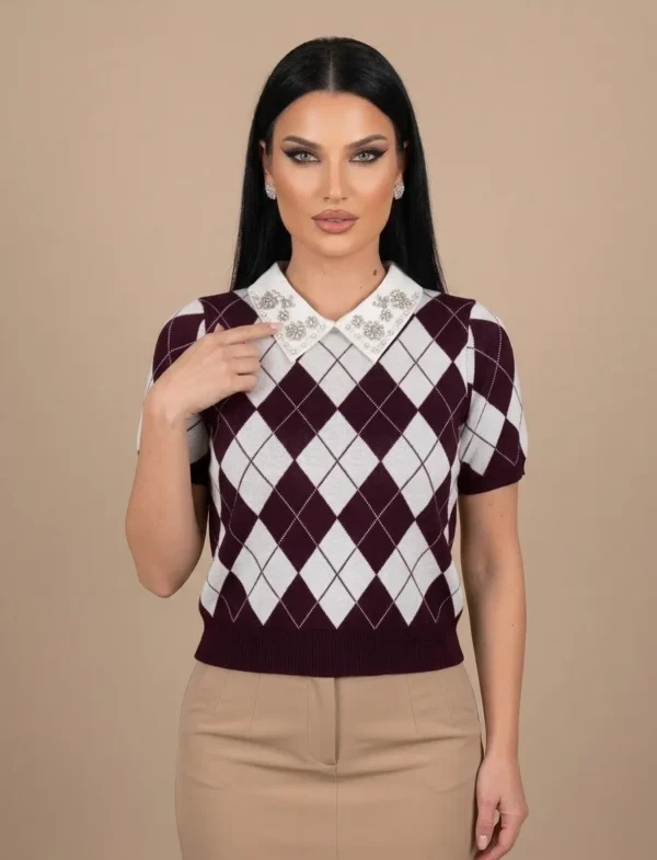Preppy Argyle Πλεκτό Μπλουζάκι με Διακοσμημένο Γιακά