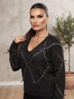 Πλεκτή μπλούζα με δερματίνι φιόγκους & παγιέτες