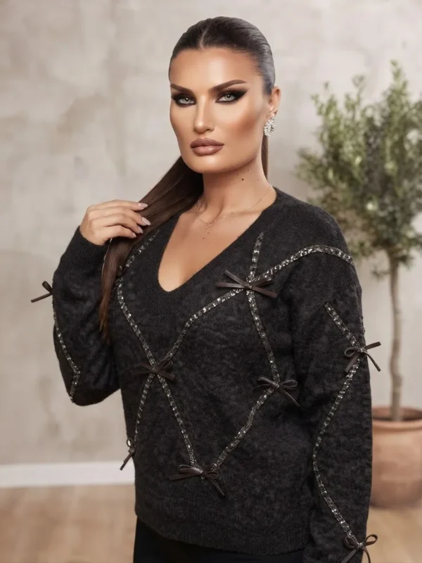 Πλεκτή μπλούζα με δερματίνι φιόγκους & παγιέτες
