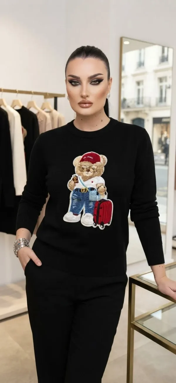 Μαύρη πλεκτή μπλούζα με Teddy Bear απλικέ