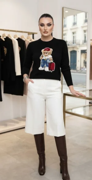 Μαύρη πλεκτή μπλούζα με Teddy Bear απλικέ