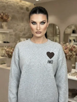 Πλεκτή Μπλούζα Εκρού με Καρδιά & “AMOR”