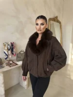 Γυναικείο σουετ Jacket σε Καφέ Απόχρωση με Γούνινο Γιακά