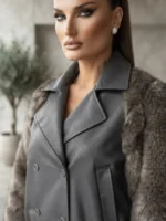 Γυναικείο Δερματίνης Jacket με Γούνινα Μανίκια σε Γκρι