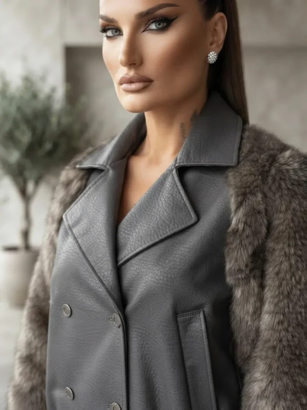 Γυναικείο Δερματίνης Jacket με Γούνινα Μανίκια σε Γκρι