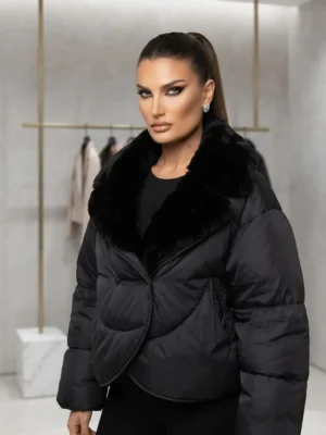 Black Luxe Fur-Collar Puffer Bomber
