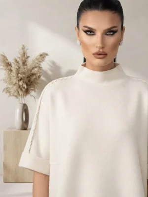 Μπλούζα Oversized με Όρθιο Γιακά & Πλεκτές Λεπτομέρειες