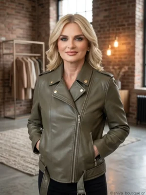 Δερμάτινο Biker Jacket σε Λαδί Απόχρωση