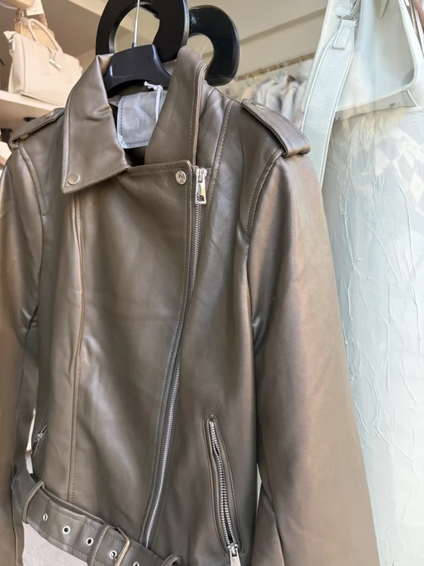 Δερμάτινο Biker Jacket σε Λαδί Απόχρωση