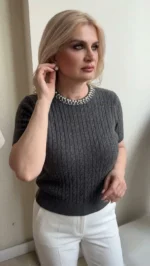 Pearl Elegance Πλεκτή Κοντομάνικη Μπλούζα