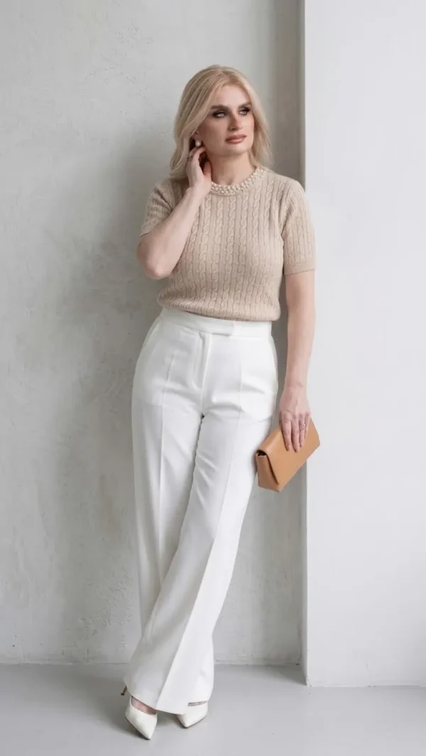 Pearl Elegance Πλεκτή Κοντομάνικη Μπλούζα