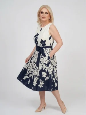 Navy Bloom Midi Φόρεμα Αμάνικο