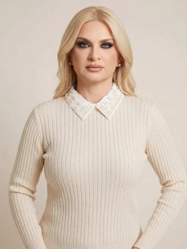 Pearl Muse Πλεκτή Μπλούζα με Αποσπώμενο Γιακά με Πέρλες