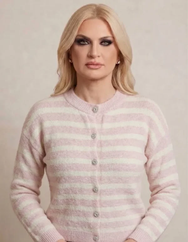 Blush Cardigan Πλεκτή Ριγέ Ζακέτα με Κουμπιά Στρας
