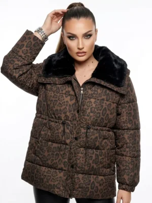 Γυναικείο Puffer Μπουφάν Animal Print με Γούνινη Κουκούλα