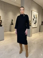 Γυναικείο Μπεζ Μάξι Πλεκτό Φόρεμα με Χρυσές Λεπτομέρειες