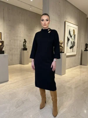 Γυναικείο Μπεζ Μάξι Πλεκτό Φόρεμα με Χρυσές Λεπτομέρειες