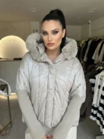 Ασημί Puffer Μπουφάν με Κουκούλα & Γούνινη Επένδυση