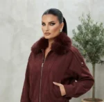 Βουργουνδί Μπουφάν Bomber με Γούνινο Γιακά