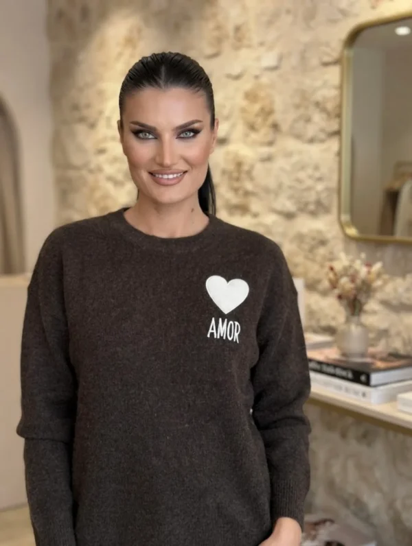 Πλεκτή Μπλούζα Εκρού με Καρδιά & “AMOR”