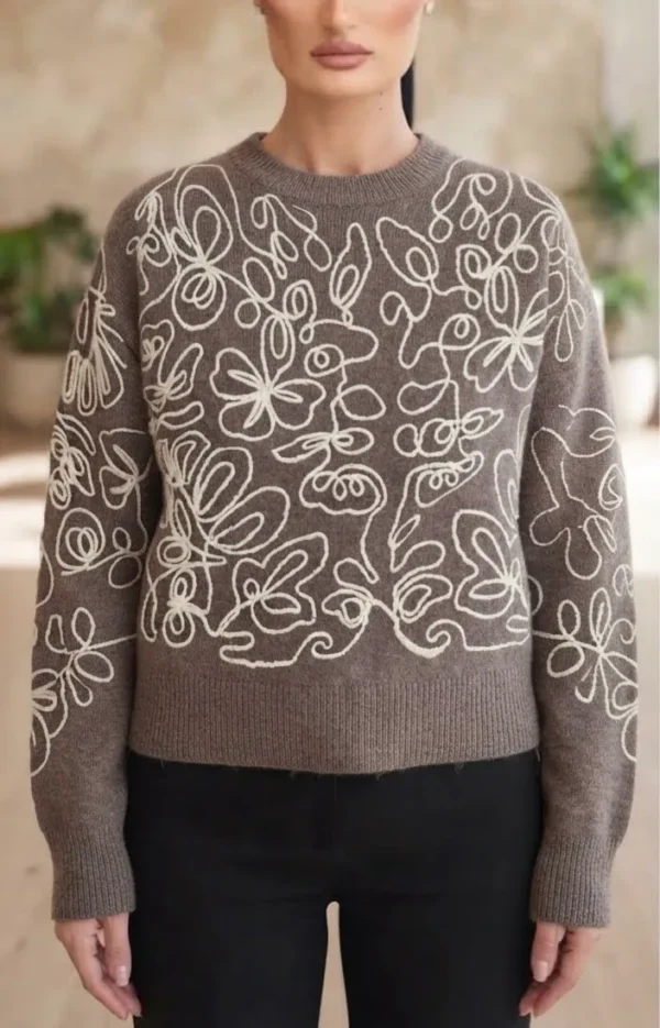 Πλεκτή Μπλούζα με Εκρού Floral Κεντήματα