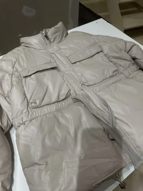 Μπεζ Κοντό Puffer Μπουφάν με Τσέπες