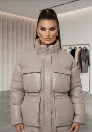 Μπεζ Κοντό Puffer Μπουφάν με Τσέπες