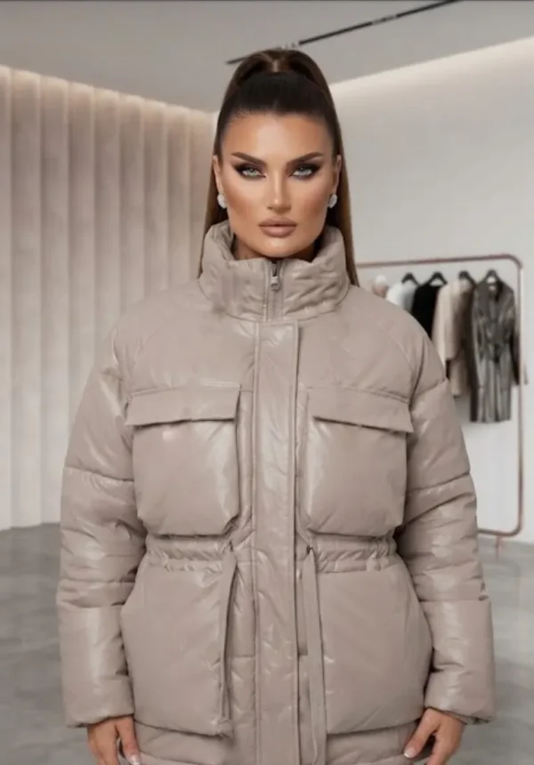 Μπεζ Κοντό Puffer Μπουφάν με Τσέπες